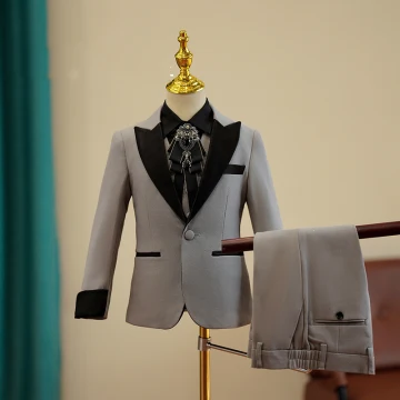 Moda Szary 5 Szt Bal Garnitur Dla Chłopca 2023 Kokarda Krawat Płaszcz Spodnie Koszula Kamizelka