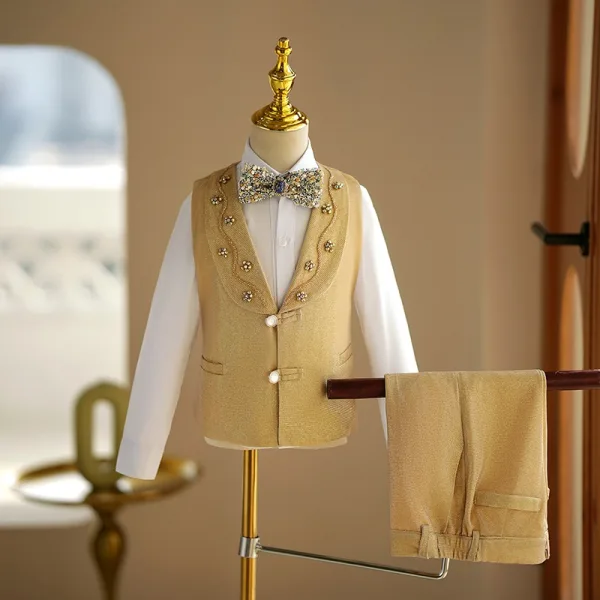 Fashion Fall Winter Gold Rhinestone Sequins Long Sleeve Boys Wedding Suits 2024 5-piece Wedding Coat Pants Shirt Tie Vest