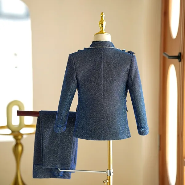 Fall Winter Navy Blue Pearl Rhinestone 5-piece Long Sleeve Boys Wedding Suits 2024 Coat Pants Shirt Tie Vest