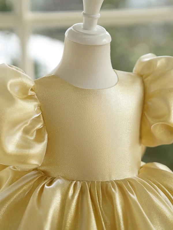 Fashion Gold Short Birthday Flower Girl Dresses 2024 Ball Gown Scoop Neck Puffy Short Sleeve Backless Bow Fashion Gold Short Birthday Flower Girl Dresses 2024 Ball Gown Scoop Neck Puffy Short Sleeve Backless Bow