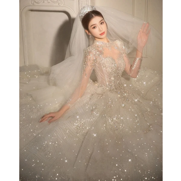 Charming White Beading Glitter Sequins Wedding Dresses 2023 Ball Gown High Neck Long Sleeve Backless Floor-Length / Long Wedding