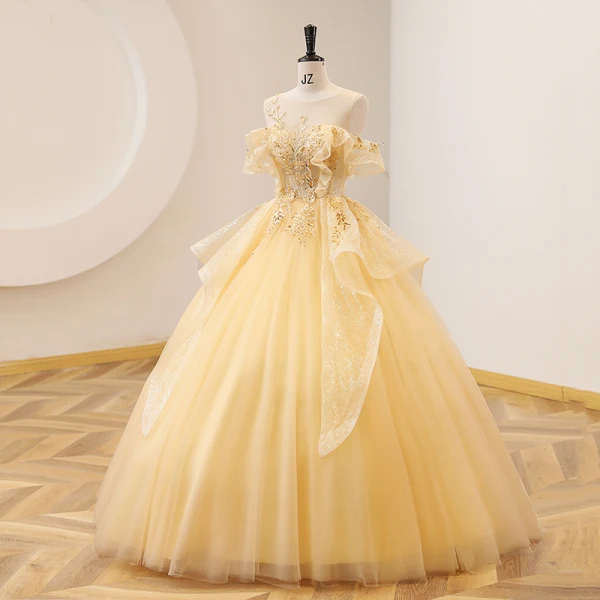 Chic / Beautiful Yellow Lace Pearl Sequins Prom Dresses 2022 Ball Gown Scoop Neck Short Sleeve Backless Floor-Length / Long Prom Formal Dresses