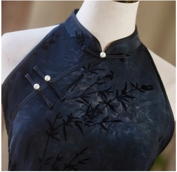 Chinese style Vintage / Retro Navy Blue Printing Evening Party Cheongsam 2025 Trumpet / Mermaid High Neck Sleeveless Tea-length Cheongsam / Qipao