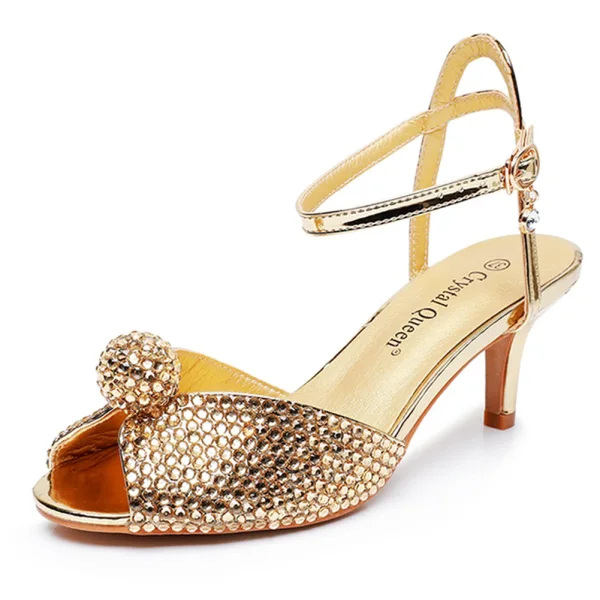 Sexy Gold Rhinestone Summer Evening Party Womens Sandals 2024 Ankle Strap 6 cm Stiletto Heels Open / Peep Toe Sandals High Heels