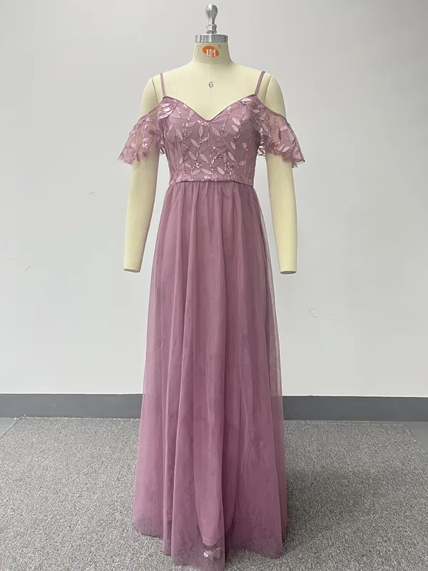 Chic / Belle Rougissant Rose Brodé Paillettes Robe De Bal 2024 Princesse Bretelles Spaghetti Sans Manches Dos Nu Longue Promo Robe De Ceremonie