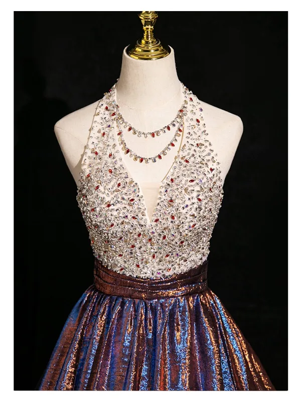 Charming Coffee Glitter Rhinestone Sequins Prom Dresses 2024 Ball Gown Halter Sleeveless Backless Floor-Length / Long Prom Formal Dresses
