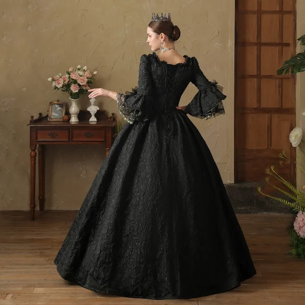 Vintage / Retro Medieval Gothic Black Beading Printing Bow Prom Dresses 2024 Ball Gown Square Neckline Bell sleeves Floor-Length / Long Prom Formal Dresses