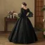 Vintage / Retro Medieval Gothic Black Beading Printing Bow Prom Dresses 2024 Ball Gown Square Neckline Bell sleeves Floor-Length / Long Prom Formal Dresses