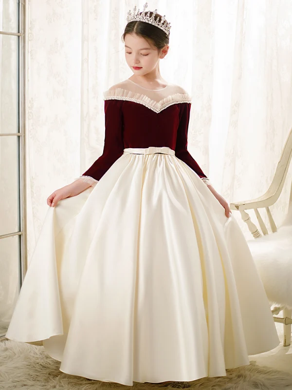 Elegant Burgundy Satin Birthday Flower Girl Dresses 2022 Ball Gown Pearl Scoop Neck Sash Bow Long Sleeve Floor-Length / Long Flower Girl Dresses