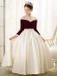 Elegant Burgundy Satin Birthday Flower Girl Dresses 2022 Ball Gown Pearl Scoop Neck Sash Bow Long Sleeve Floor-Length / Long Flower Girl Dresses