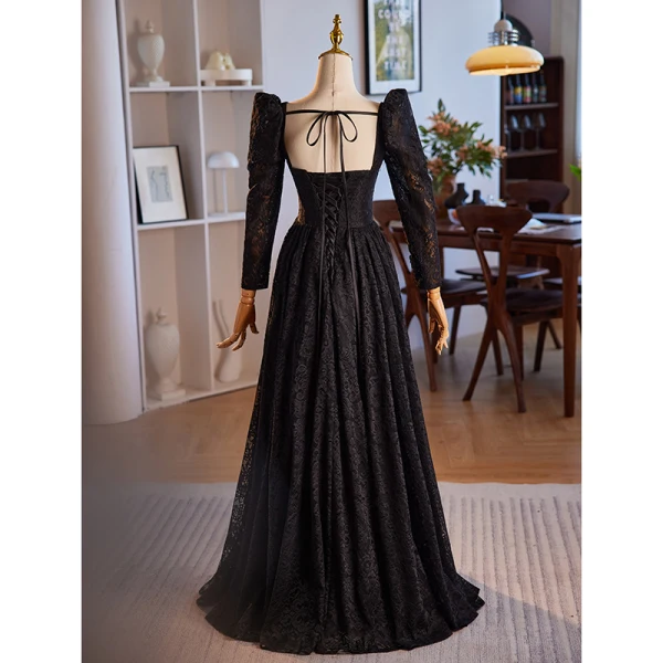 Modest / Simple Black Rhinestone Lace Winter Prom Dresses 2024 A-Line / Princess Square Neckline Long Sleeve Backless Floor-Length / Long Prom Formal Dresses