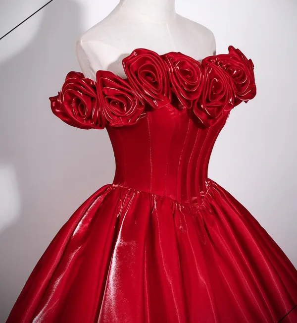 Elegant Burgundy Flower Satin Prom Dresses 2026 Ball Gown Sleeveless Backless Floor-Length / Long Prom Formal Dresses