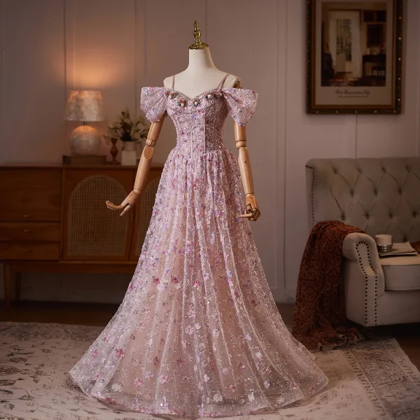 Blumenfee Rosa Perlenstickerei Strass Applikationen Ballkleider 2026 A Linie Off Shoulder Kurze Ärmel Rückenfreies Lange Festliche Kleider