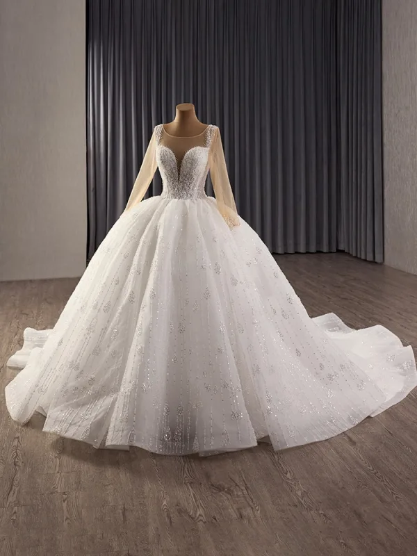 Luxury / Gorgeous White Handmade  Beading Sequins Pearl Wedding Dresses 2025 Ball Gown Scoop Neck Long Sleeve Chapel Train Wedding