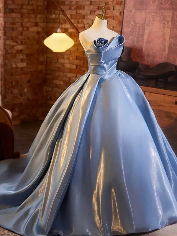 Elegant Sky Blue Prom Dresses 2024 Ball Gown Strapless Sleeveless Backless Sweep Train Prom Formal Dresses