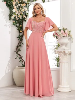 Chic Beautiful Blushing Pink Sequins Chiffon Prom Dresses 2024 A Line Princess Square Neckline Short Sleeve Backless Floor Length Long Prom Formal Dresses