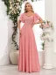 Chic / Beautiful Blushing Pink Sequins Chiffon Prom Dresses 2024 A-Line / Princess Square Neckline Short Sleeve Backless Floor-Length / Long Prom Formal Dresses