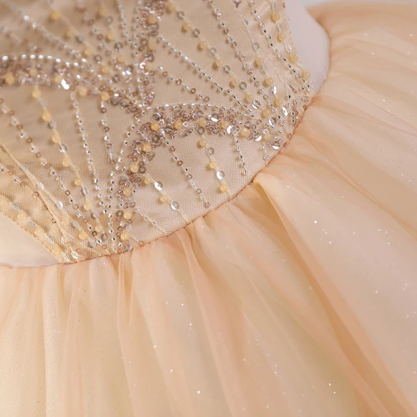 Elegant Champagne Beading Sequins Prom Dresses 2023 Ball Gown V-Neck Short Sleeve Backless Floor-Length / Long Prom Formal Dresses
