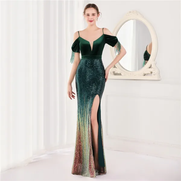 Charmant Doré Paillettes Robe De Soirée 2022 Trompette / Sirène Bretelles Spaghetti Manches Courtes Perlage Gland Dos Nu Longue Fendue devant Soirée Robe De Ceremonie