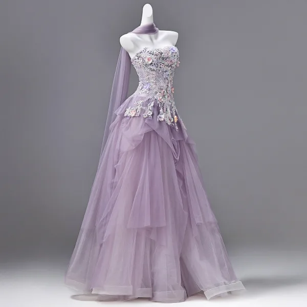 Flower Fairy Lavender Appliques Sequins Prom Dresses 2026 Ball Gown Strapless Sleeveless Backless Floor-Length / Long Formal Dresses