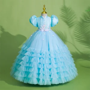 Lovely Pool Blue Pearl Rhinestone Birthday Flower Girl Dresses 2022 Ball Gown Cascading Ruffles High Neck Puffy Short Sleeve Appliques Bow Floor Length Long Flower Girl Dresses