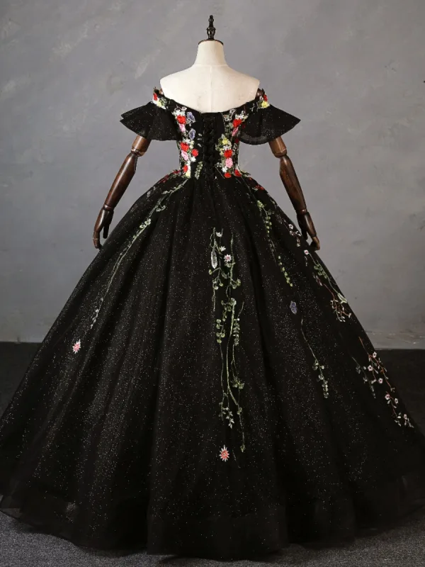 Flower Fairy Black Lace Flower Prom Dresses 2023 Ball Gown Off-The-Shoulder Short Sleeve Backless Floor-Length / Long Formal Dresses