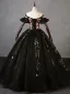 Flower Fairy Black Lace Flower Prom Dresses 2023 Ball Gown Off-The-Shoulder Short Sleeve Backless Floor-Length / Long Formal Dresses
