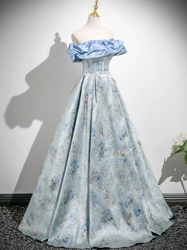Chic / Beautiful Sky Blue Printing Prom Dresses 2025 A-Line / Princess Off-The-Shoulder Short Sleeve Backless Floor-Length / Long Formal Dresses