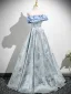 Chic / Beautiful Sky Blue Printing Prom Dresses 2025 A-Line / Princess Off-The-Shoulder Short Sleeve Backless Floor-Length / Long Formal Dresses