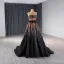 Luxus / Herrlich Schwarz Handgefertigt Perlenstickerei Pailletten Ballkleider 2024 A Linie Bandeau Ärmellos Rückenfreies Sweep / Pinsel Zug Ball Festliche Kleider
