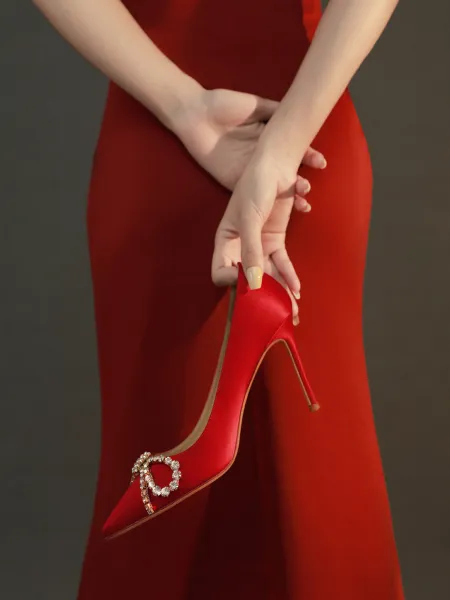 Chic / Beautiful Red Rhinestone Bow Evening Party Pumps 2024 Leather 8 cm Stiletto Heels Pointed Toe Pumps High Heels
