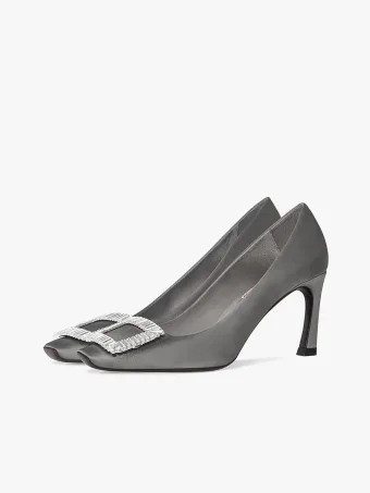 Sencillos Gris Oficina Ol Rhinestone Tacones 2024 10 Cm Stilettos Tacones De Aguja Dedo Del Pie Cuadrado Tacones High Heels