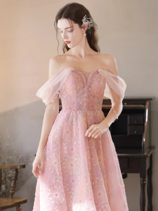 Charmant Rougissant Rose Perlage En Dentelle Fleur Robe De Bal 2024 Princesse De l'épaule Sans Manches Dos Nu Longue Promo Robe De Ceremonie
