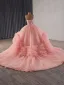 High End Pink Perlenstickerei Fallende Rüsche Brautkleider / Hochzeitskleider 2025 Ballkleid Bandeau Ärmellos Rückenfreies Kapelle-Schleppe Hochzeit