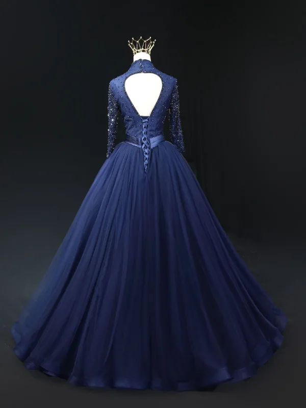 Vintage / Retro High-end Navy Blue Beading Prom Dresses 2024 Ball Gown V-Neck 3/4 Sleeve Backless Floor-Length / Long Prom Formal Dresses
