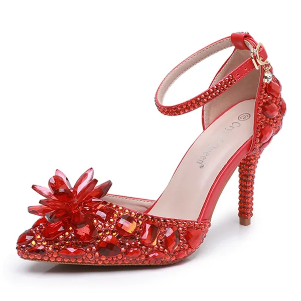 Charmant Silber Strass Kristall Knöchelriemen Brautschuhe 2024 9 cm Stilettos Spitzschuh Hochzeit Hochhackige