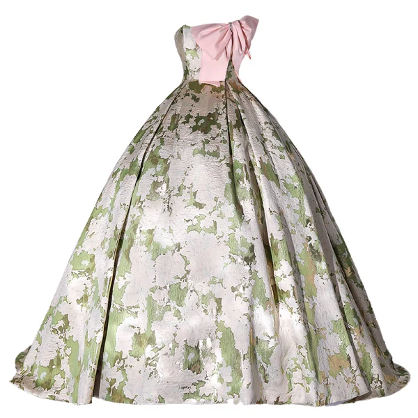 Fantaisie Vert Floral Satin Robe De Bal 2022 Robe Boule Bustier Noeud Sans Manches Dos Nu Longue Robe De Ceremonie