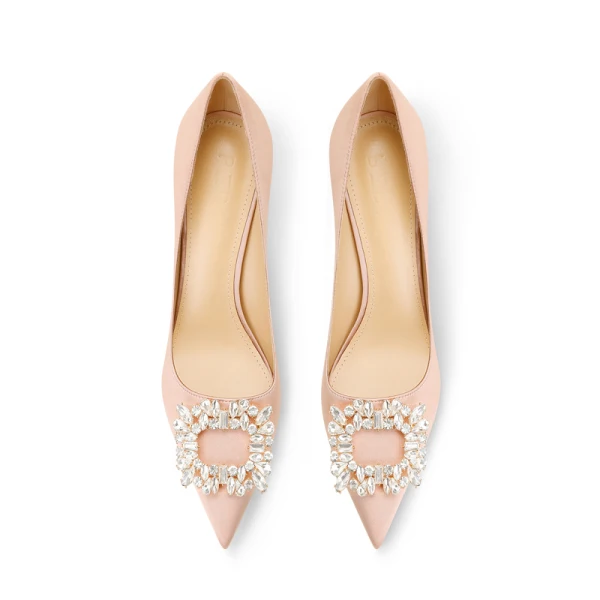 Charmant Champagner Strass Brautschuhe 2024 Leder 8 cm Stilettos Spitzschuh Hochzeit Pumps Hochhackige