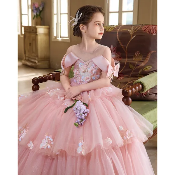 Lovely Blushing Pink Beading Pearl Sequins Appliques Birthday Flower Girl Dresses 2025 Ball Gown Scoop Neck Short Sleeve Backless Floor-Length / Long