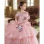 Lovely Blushing Pink Beading Pearl Sequins Appliques Birthday Flower Girl Dresses 2025 Ball Gown Scoop Neck Short Sleeve Backless Floor-Length / Long