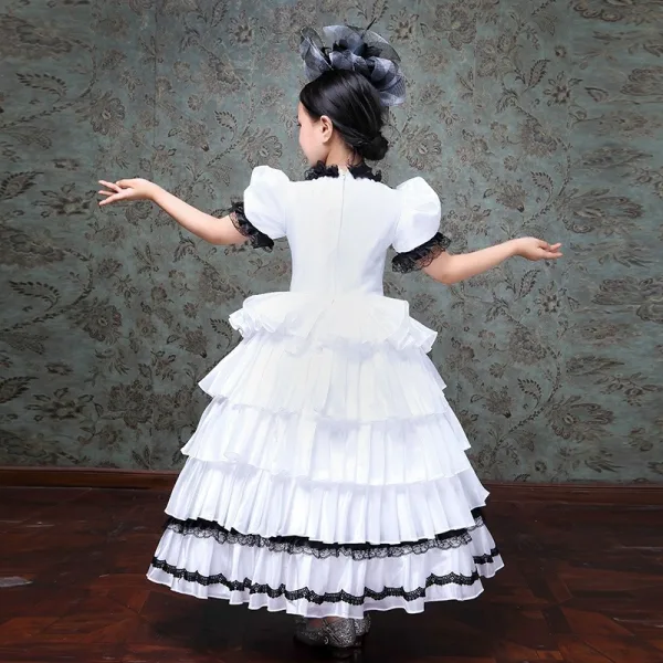 Vintage / Retro Medieval White Flower Girl Dresses 2024 Bow Floor-Length / Long Short Sleeve U-Neck Cosplay Prom Ball Gown Wedding Party Dresses