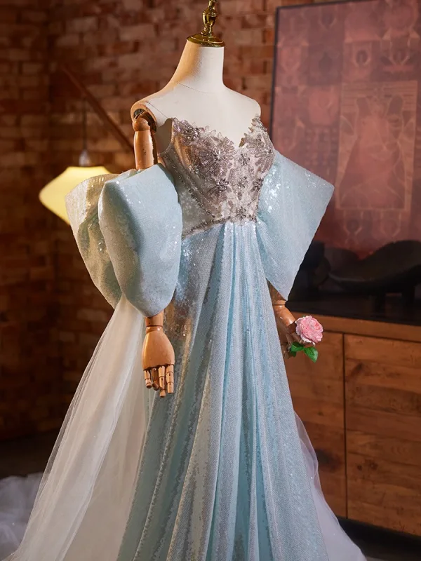 Fashion Sky Blue Beading Sequins Prom Dresses 2024 A-Line / Princess Strapless Short Sleeve Backless Court Train Tulle Prom Formal Dresses
