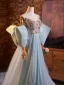 Fashion Sky Blue Beading Sequins Prom Dresses 2024 A-Line / Princess Strapless Short Sleeve Backless Court Train Tulle Prom Formal Dresses