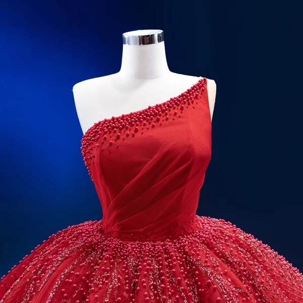 High-end Burgundy Beading Pearl Sequins Prom Dresses 2023 Ball Gown One-Shoulder Sleeveless Backless Court Train Prom Formal Dresses
