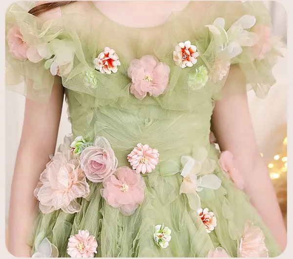 Flower Fairy Sage Green Appliques Birthday Flower Girl Dresses 2024 Ball Gown Scoop Neck Short Sleeve Backless Floor-Length / Long Tulle Flower Girl Dresses