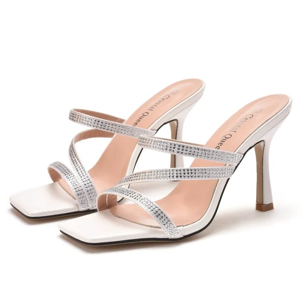 Sexy White Rhinestone Evening Party Womens Sandals 2022 9 cm Stiletto Heels Open / Peep Toe Sandals High Heels