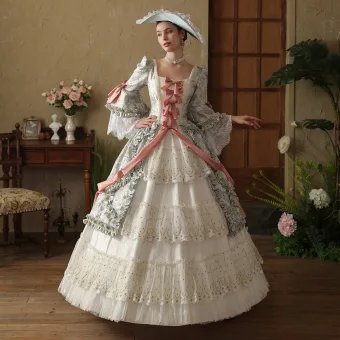 Vintage Originale Médiévale Gothique Blanche Noeud En Dentelle Fleur Robe De Bal 2024 Robe Boule Encolure Carrée Manches De Cloche Longue Promo Robe De Ceremonie