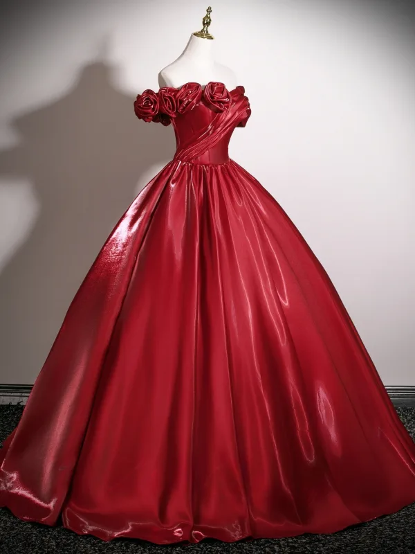 Elegant Red Flower Prom Dresses 2025 Ball Gown Off-The-Shoulder Short Sleeve Backless Floor-Length / Long Formal Dresses
