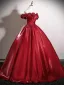 Elegant Red Flower Prom Dresses 2025 Ball Gown Off-The-Shoulder Short Sleeve Backless Floor-Length / Long Formal Dresses