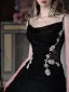 Charmant Noire Faux Diamant En Dentelle Fleur Robe De Soirée 2026 Princesse Bretelles Spaghetti Sans Manches Dos Nu Longue Soirée Robe De Ceremonie